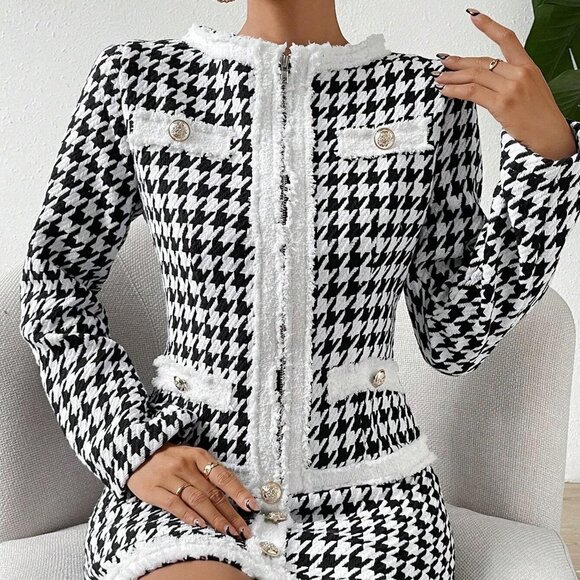 . Jackets & Blazers - White & Black Preppy Womens Houndstooth Print Contrast Trim Tweed Jacket & Skirt